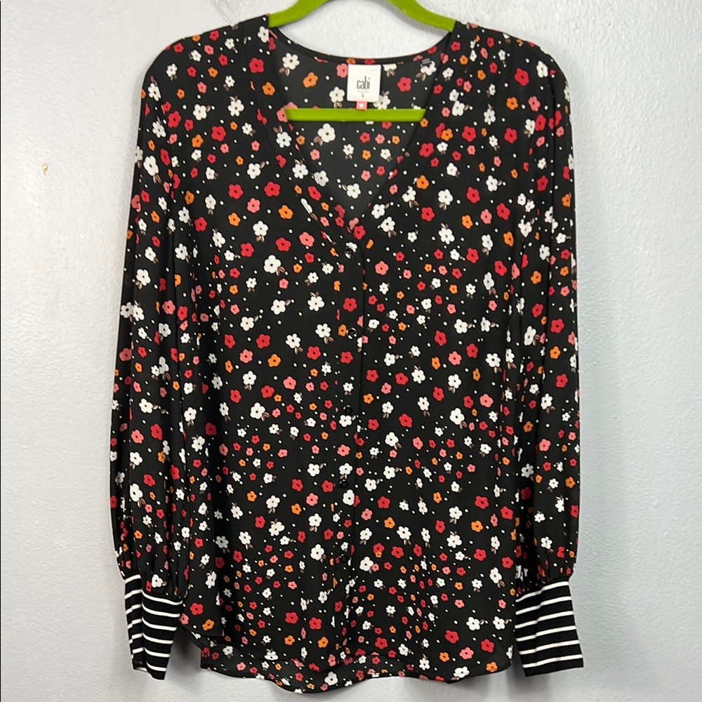 Cabi Cheerful Black Colorful Floral Long Sleeve V-Neck Tunic Blouse Large